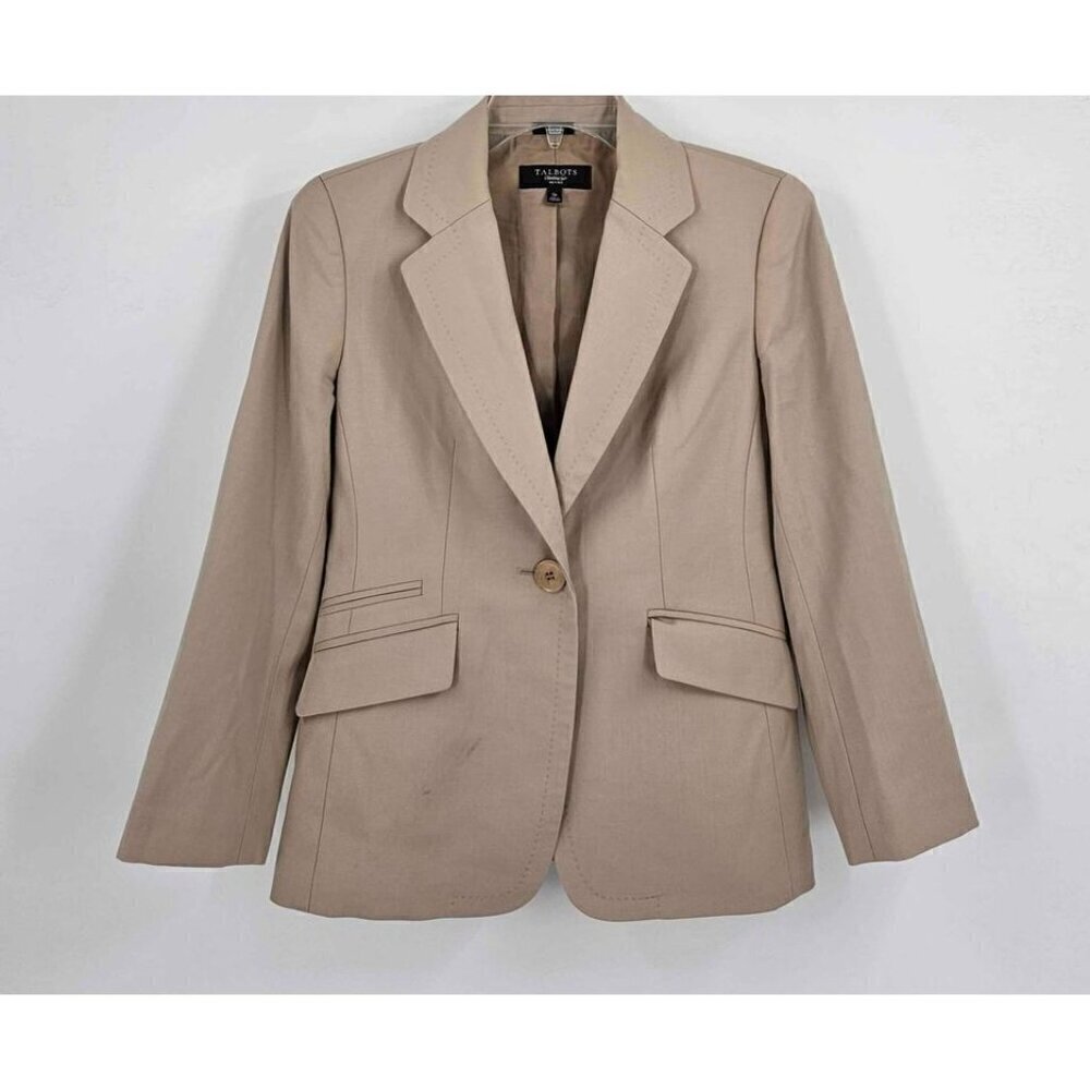 Talbots Petites Wool Blend One Button Tan Stretch Lined Blazer Jacket Pockets 0p